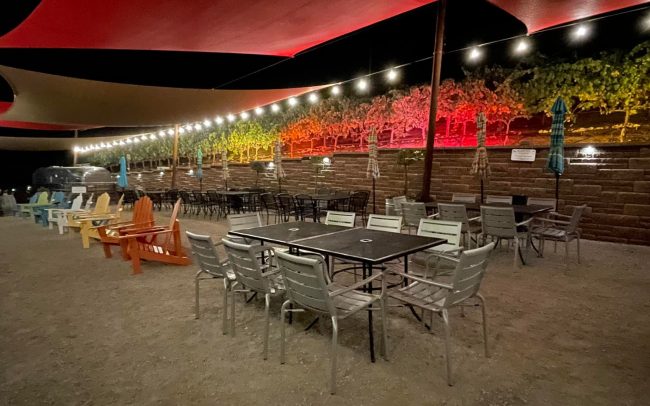 Outdoor dining and tasting area next to the vines
