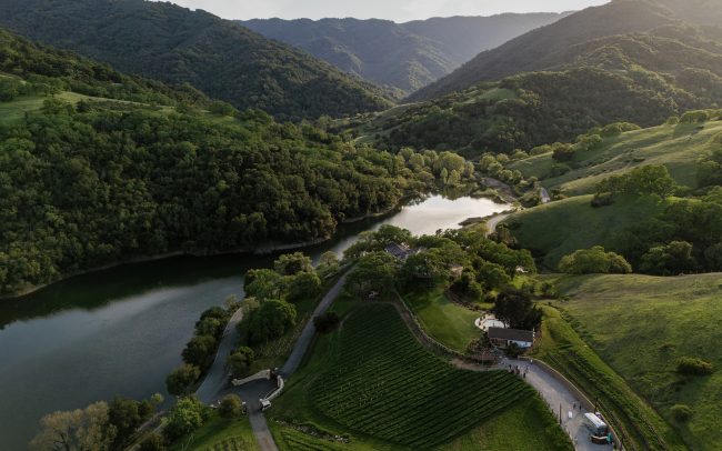 Aerial view of Alamitos Vineyards tasting room alongside the Almaden Reservoir
